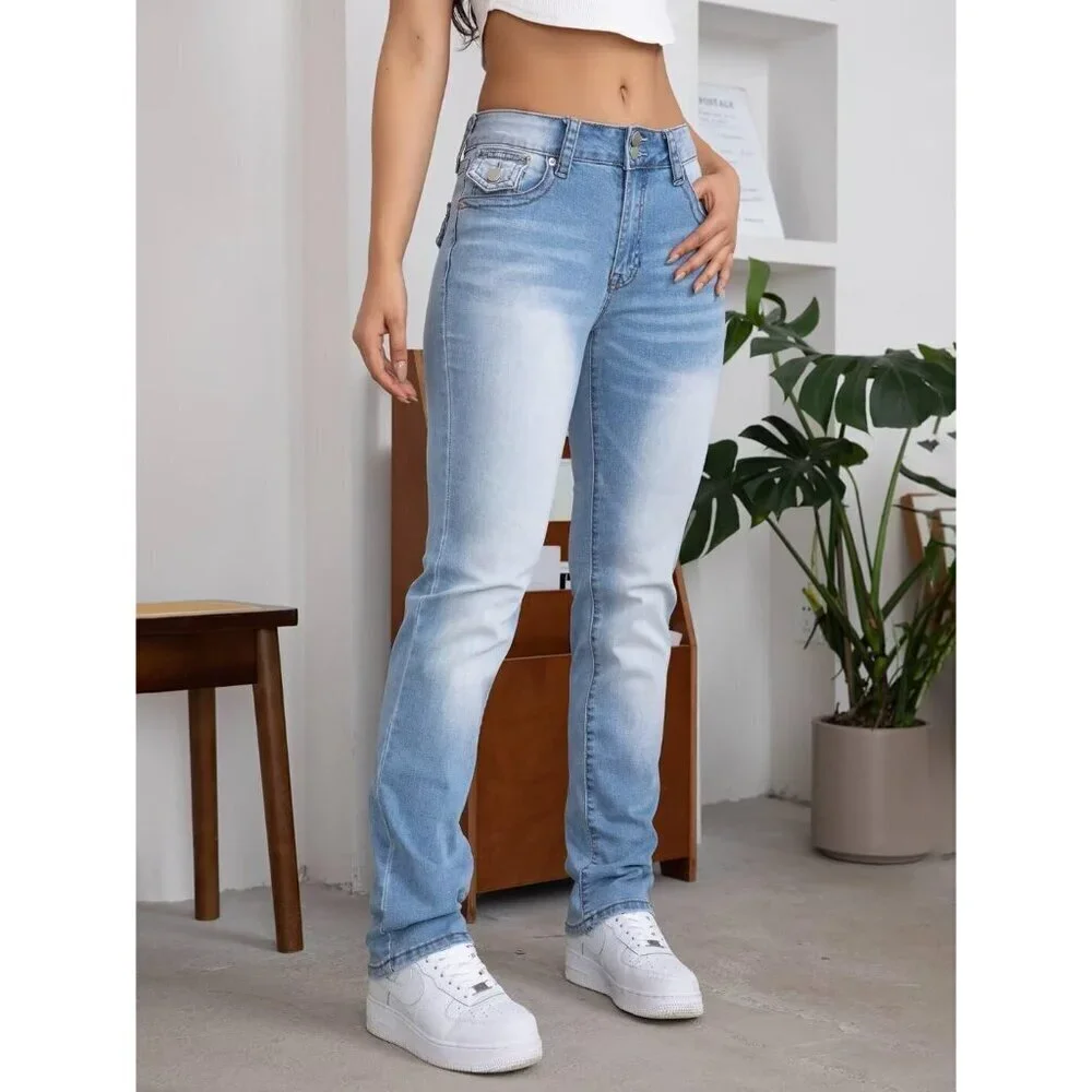 Women's Stretchy Mid Rise Bootcut Jeans Solid Wash 90s Straight Leg